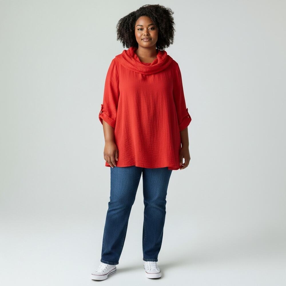 Yushi Red Gauzy Cowl Neck Tunic XL Made in USA 3/4 Sleeve Boho Layering Top